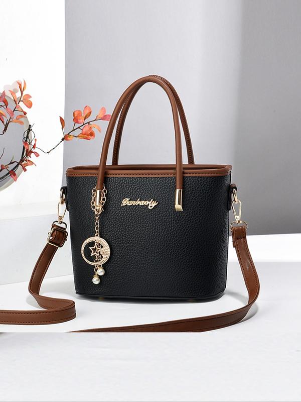 Women's Fashionable Contrast Binding Design Handbag with Star & Faux Pearl Charm, Casual Versatile Shoulder Bag for Daily Used, Trendy All-match Commuter Bag