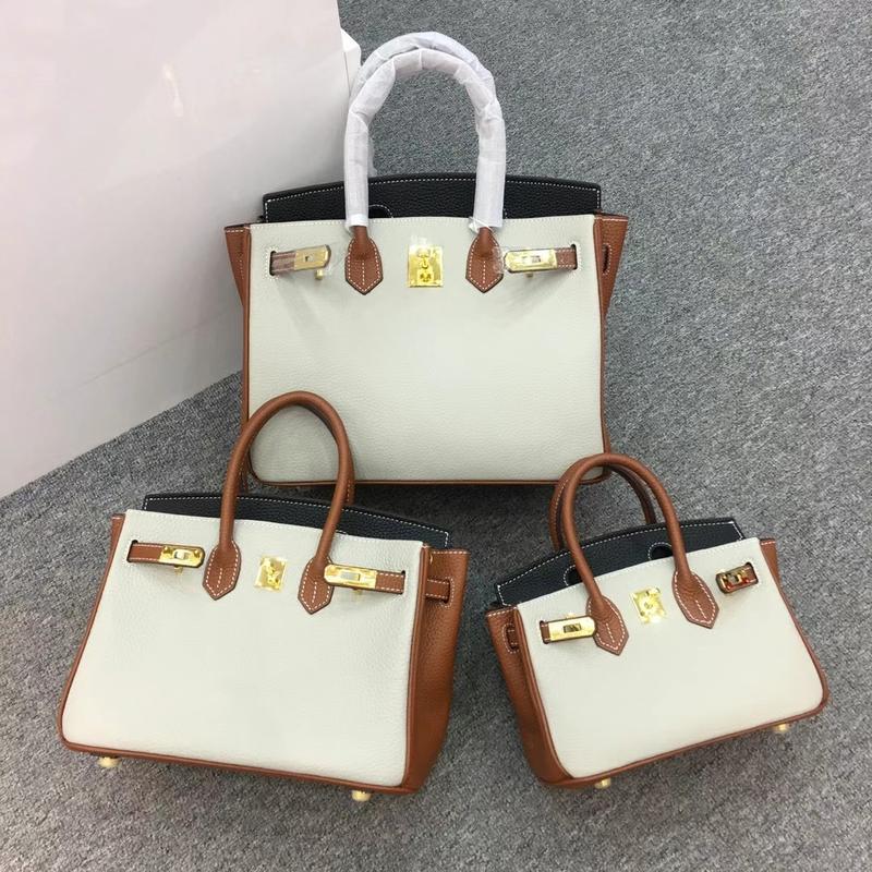 New Color Matching Genuine Leather Birkin Bag Litchi Pattern Top Layer Cowhide Handbag Contrast Color Colorful Shoulder Messenger Bag for Women