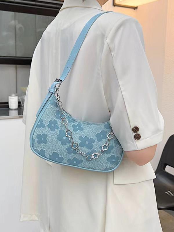 Fashion Floral Pattern Chain Strap Shoulder Bag, Casual Versatile Zipper Underarm Bag for Women, Trendy High-quality Daily Commuting Bag Fall