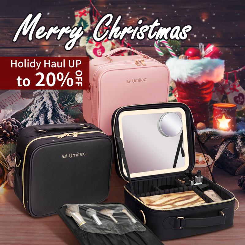 Makeup Bag with 3 Color Led Mirror, PU Leather Travel Cosmetic Bag Makeup Organizer Bag, Portable Makeup Case Adjustable Dividers Storage Box, Gift