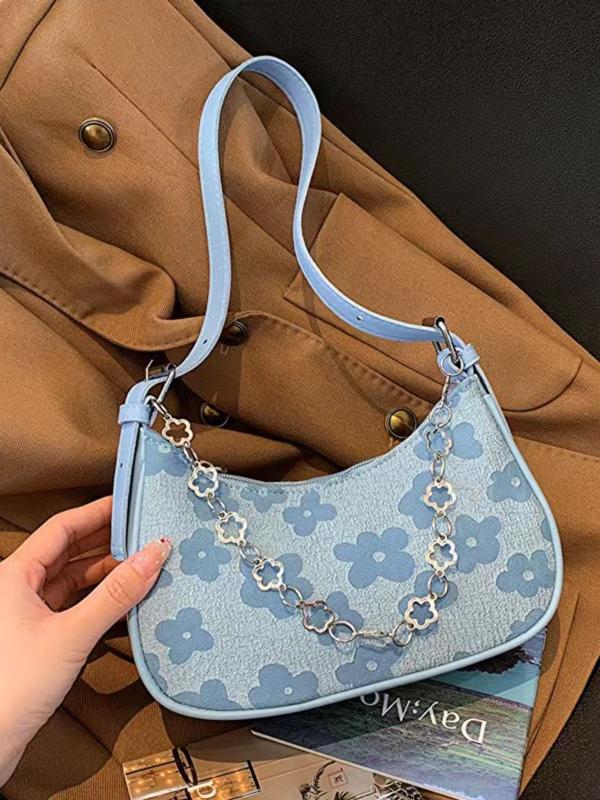 Fashion Floral Pattern Chain Strap Shoulder Bag, Casual Versatile Zipper Underarm Bag for Women, Trendy High-quality Daily Commuting Bag Fall