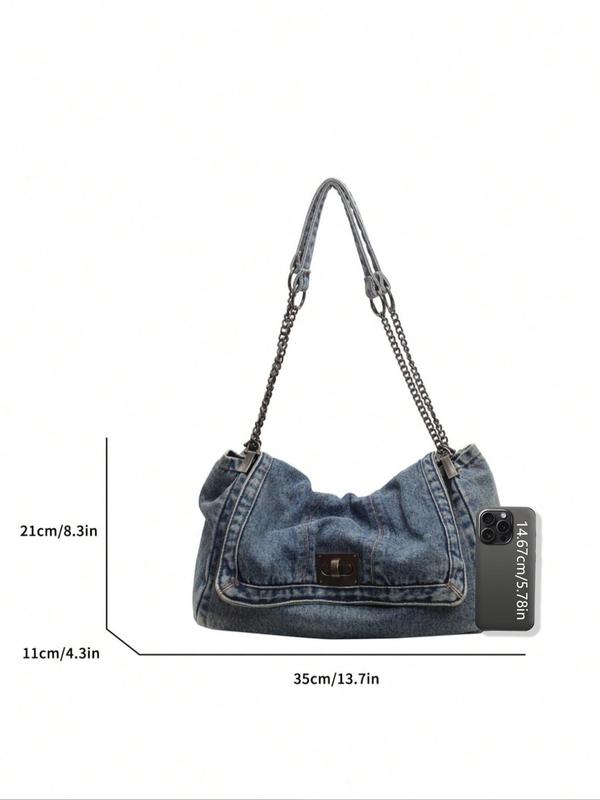 Women's Denim Shoulder Bag, Fashionable Large Capacity Travel Bag, Casual Underarm Chain Strap Decor Crossbody Bag for Daily Outings & Shopping