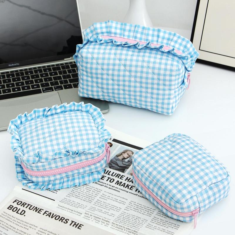 Mixed Size Makeup Bag Set, 3 Counts set Cute Plaid Pattern Cosmetic Storage Pouch, Versatile Toiletry Storage Organizer for Home Travel