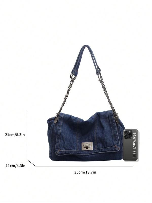 Women's Denim Shoulder Bag, Fashionable Large Capacity Travel Bag, Casual Underarm Chain Strap Decor Crossbody Bag for Daily Outings & Shopping