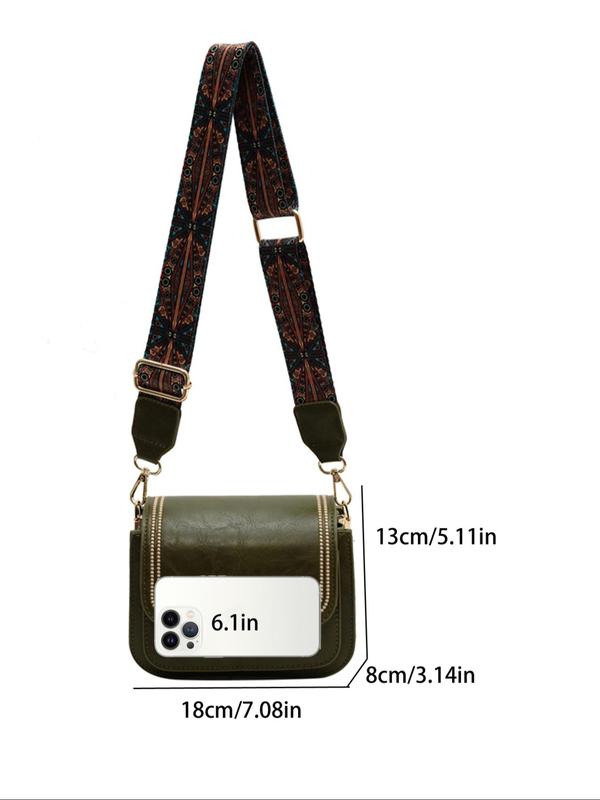 Women's Fashionable Ethnic Pattern Strap Letter Decorated Crossbody Bag, Vintage PU Leather Flap Small Square Work Bag for Women, Daily Commuting Bag