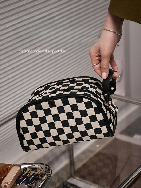 Checkerboard Pattern Makeup Bag, Portable Large Capacity Cosmetic Storage Bag, Zipper Makeup Organizer Pouch, Versatile Storage Bag for Travel & Daily Use