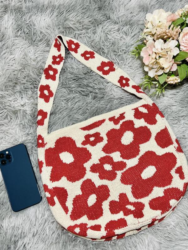 Women's Fashion Floral Pattern Shoulder Bag, Trendy Versatile Slip on Knit Bag for Daily Used, Casual Trendy Versatile High-quality Daily Commuting Bag, Girl Fashionable Shopping Bag