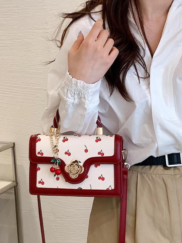 Fashionable Random Cherry Pattern Handbag with Cute Charm, Elegant Pu Leather Crossbody Bag for Women, Casual Trendy Versatile High-quality Daily Commuting Bag