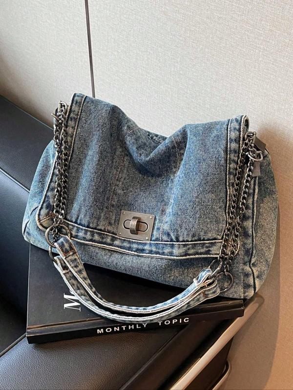 Women's Denim Shoulder Bag, Fashionable Large Capacity Travel Bag, Casual Underarm Chain Strap Decor Crossbody Bag for Daily Outings & Shopping