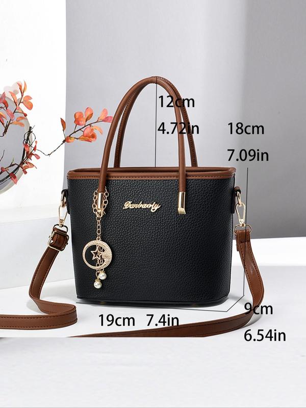 Women's Fashionable Contrast Binding Design Handbag with Star & Faux Pearl Charm, Casual Versatile Shoulder Bag for Daily Used, Trendy All-match Commuter Bag