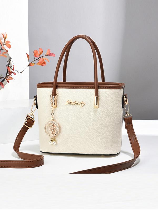 Women's Fashionable Contrast Binding Design Handbag with Star & Faux Pearl Charm, Casual Versatile Shoulder Bag for Daily Used, Trendy All-match Commuter Bag