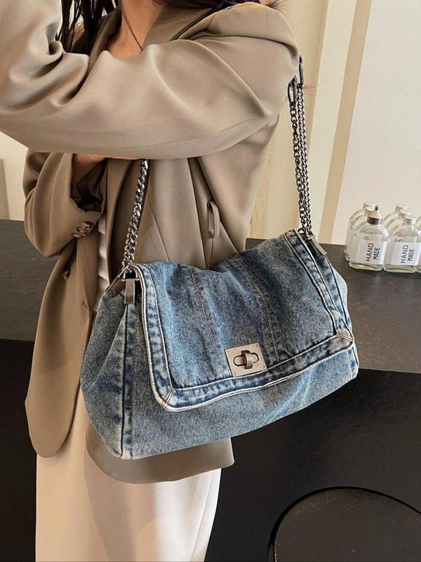 Women's Denim Shoulder Bag, Fashionable Large Capacity Travel Bag, Casual Underarm Chain Strap Decor Crossbody Bag for Daily Outings & Shopping