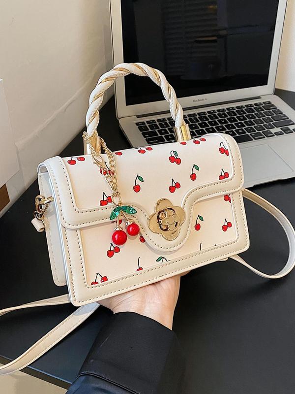 Fashionable Random Cherry Pattern Handbag with Cute Charm, Elegant Pu Leather Crossbody Bag for Women, Casual Trendy Versatile High-quality Daily Commuting Bag