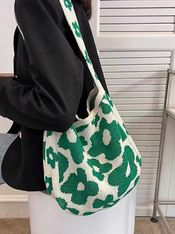 Women's Fashion Floral Pattern Shoulder Bag, Trendy Versatile Slip on Knit Bag for Daily Used, Casual Trendy Versatile High-quality Daily Commuting Bag, Girl Fashionable Shopping Bag