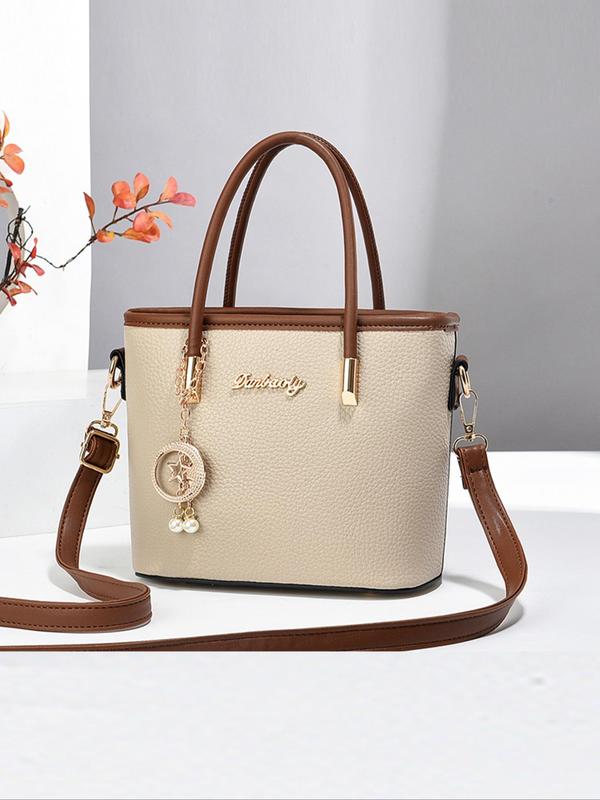 Women's Fashionable Contrast Binding Design Handbag with Star & Faux Pearl Charm, Casual Versatile Shoulder Bag for Daily Used, Trendy All-match Commuter Bag