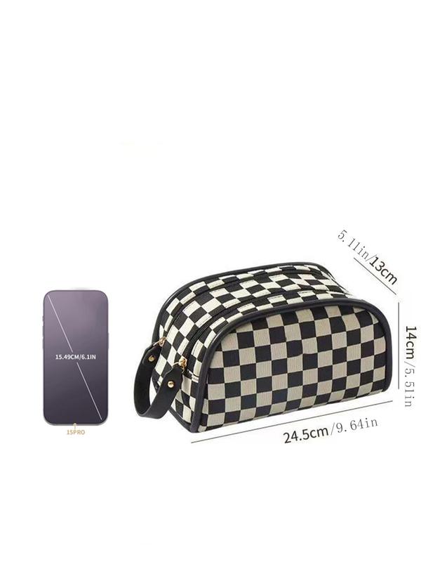 Checkerboard Pattern Makeup Bag, Portable Large Capacity Cosmetic Storage Bag, Zipper Makeup Organizer Pouch, Versatile Storage Bag for Travel & Daily Use