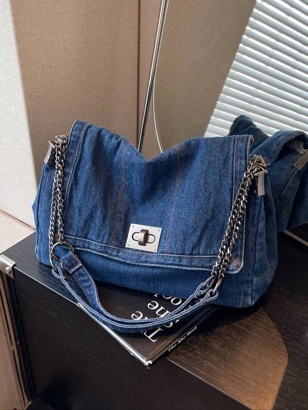 Women's Denim Shoulder Bag, Fashionable Large Capacity Travel Bag, Casual Underarm Chain Strap Decor Crossbody Bag for Daily Outings & Shopping