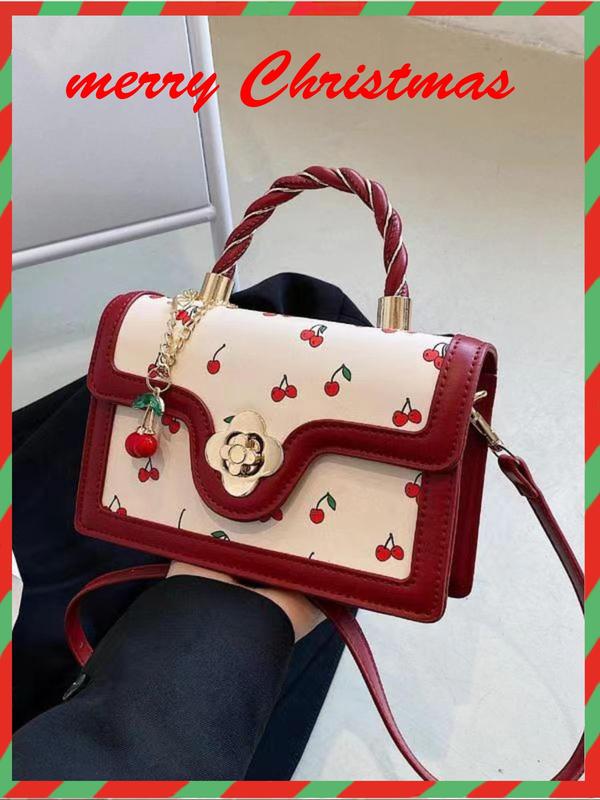 Fashionable Random Cherry Pattern Handbag with Cute Charm, Elegant Pu Leather Crossbody Bag for Women, Casual Trendy Versatile High-quality Daily Commuting Bag