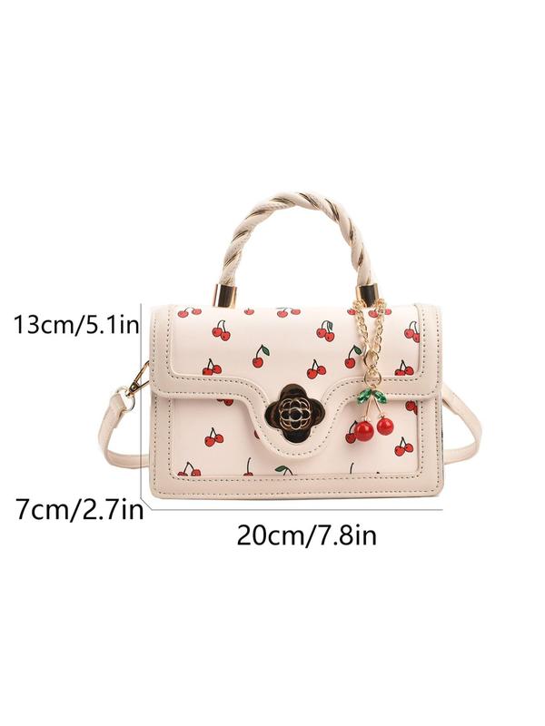 Fashionable Random Cherry Pattern Handbag with Cute Charm, Elegant Pu Leather Crossbody Bag for Women, Casual Trendy Versatile High-quality Daily Commuting Bag