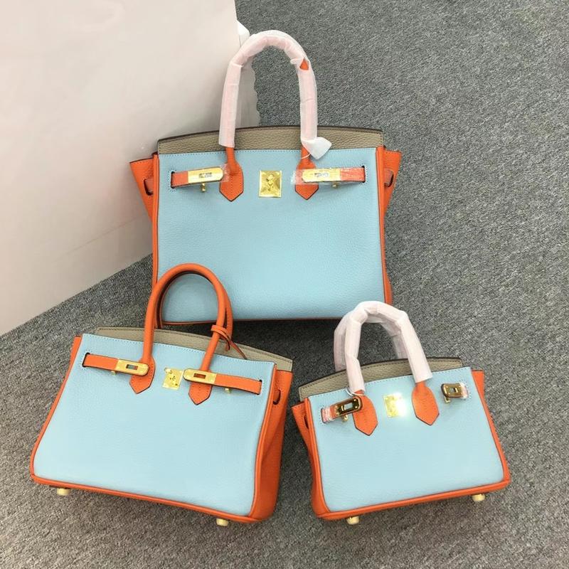 New Color Matching Genuine Leather Birkin Bag Litchi Pattern Top Layer Cowhide Handbag Contrast Color Colorful Shoulder Messenger Bag for Women