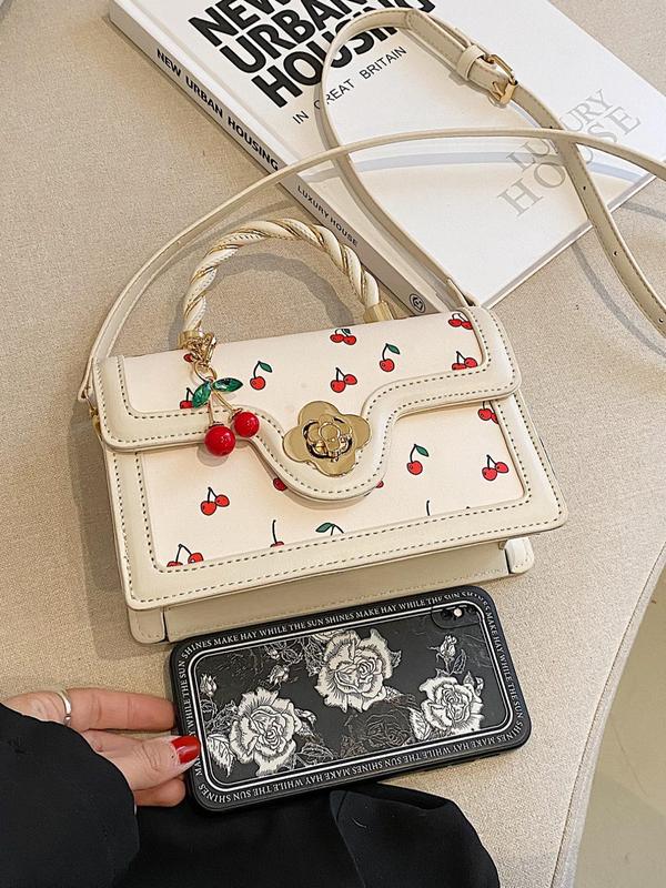 Fashionable Random Cherry Pattern Handbag with Cute Charm, Elegant Pu Leather Crossbody Bag for Women, Casual Trendy Versatile High-quality Daily Commuting Bag