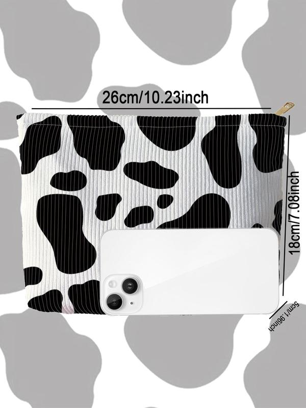 Random Cow Print Corduroy Makeup Bag, 2024 New Style Lightweight Multi-functional Zipper Makeup Bag, Casual Versatile Storage Bag for Travel & Daily Use