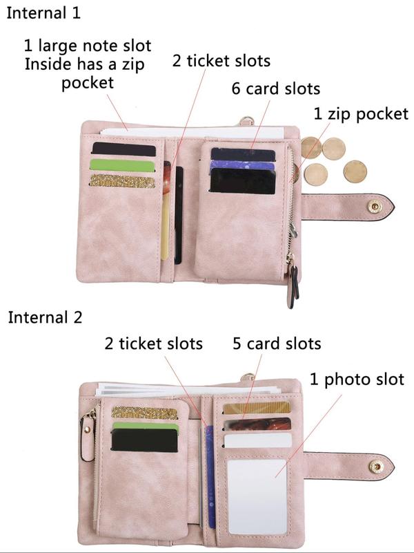 Women's Solid Pu Leather Short Wallet, Casual Portable Purse with Card Slots & Id Window & Zipper Coin Pocket