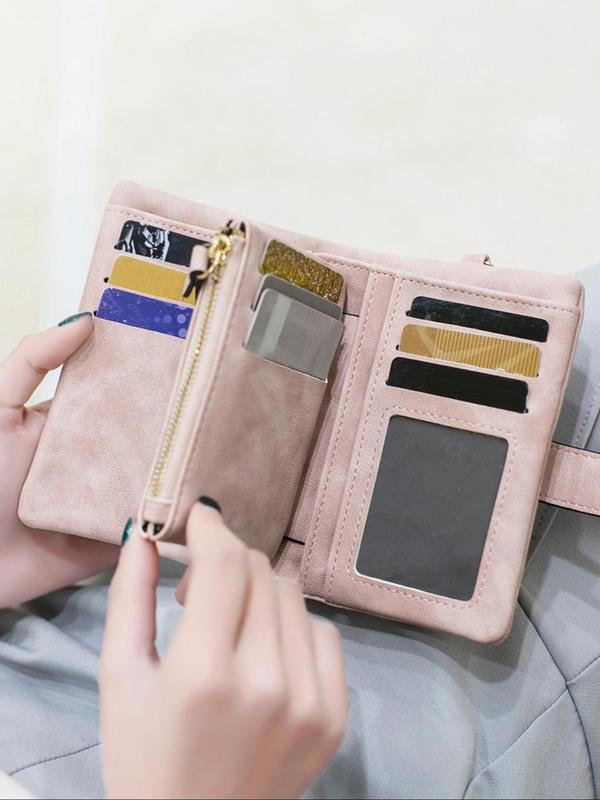 Women's Solid Pu Leather Short Wallet, Casual Portable Purse with Card Slots & Id Window & Zipper Coin Pocket