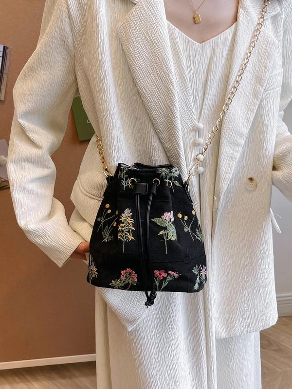 Floral Embroidered Crossbody Bag, Vintage Mini Drawstring Flower Pattern Affordable Luxury Bag, Casual Trendy Versatile High-quality Daily Commuting Bag