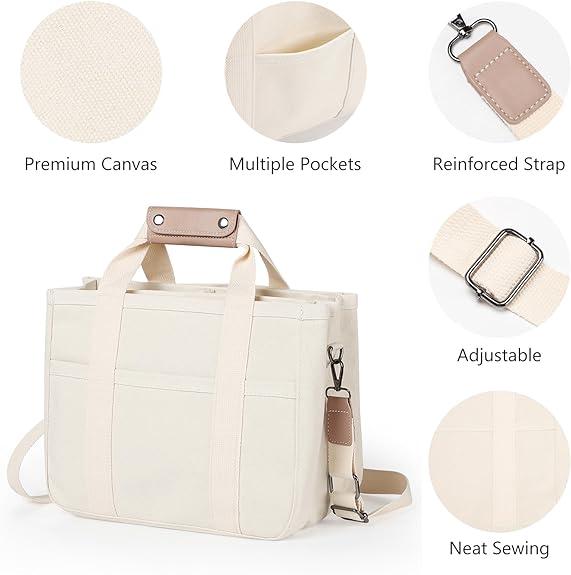 Canvas Tote Bag with Multi-Pocket for Women Large Crossbody Shoulder Handbag Everything Tote Bag with Compartments,Canvas Tote Bag for School,Beige