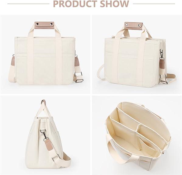 Canvas Tote Bag with Multi-Pocket for Women Large Crossbody Shoulder Handbag Everything Tote Bag with Compartments,Canvas Tote Bag for School,Beige