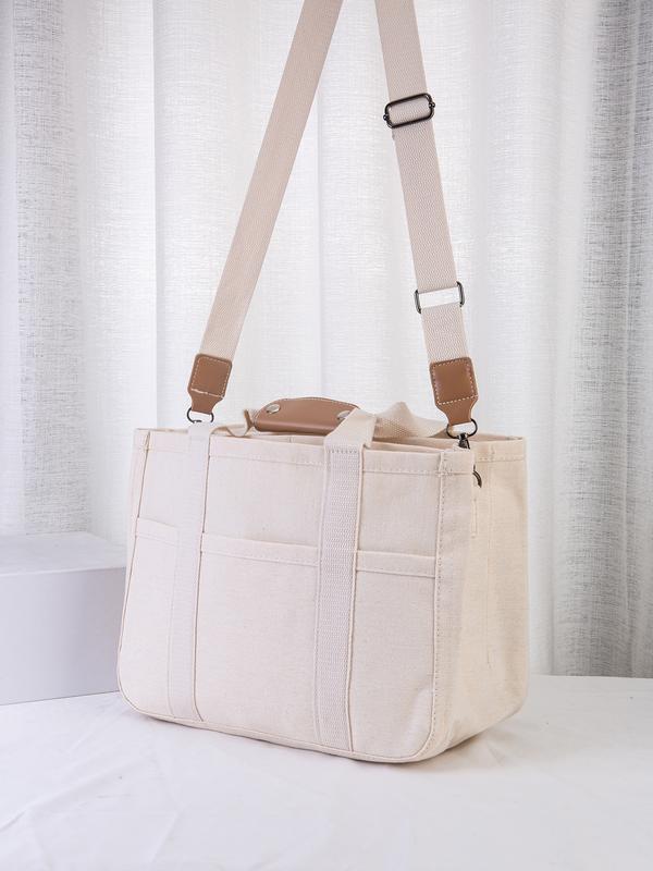 Canvas Tote Bag with Multi-Pocket for Women Large Crossbody Shoulder Handbag Everything Tote Bag with Compartments,Canvas Tote Bag for School,Beige