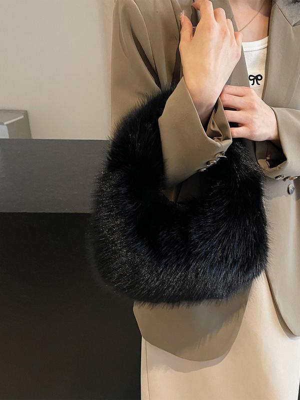 Women's Elegant Solid Color Handbag, Fashionable Faux Fur Bucket Bag for Daily Used, Casual Trendy Versatile High-quality Daily Commuting Bag