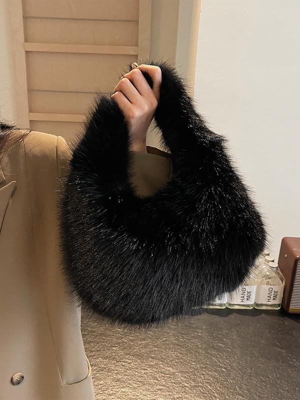 Women's Elegant Solid Color Handbag, Fashionable Faux Fur Bucket Bag for Daily Used, Casual Trendy Versatile High-quality Daily Commuting Bag