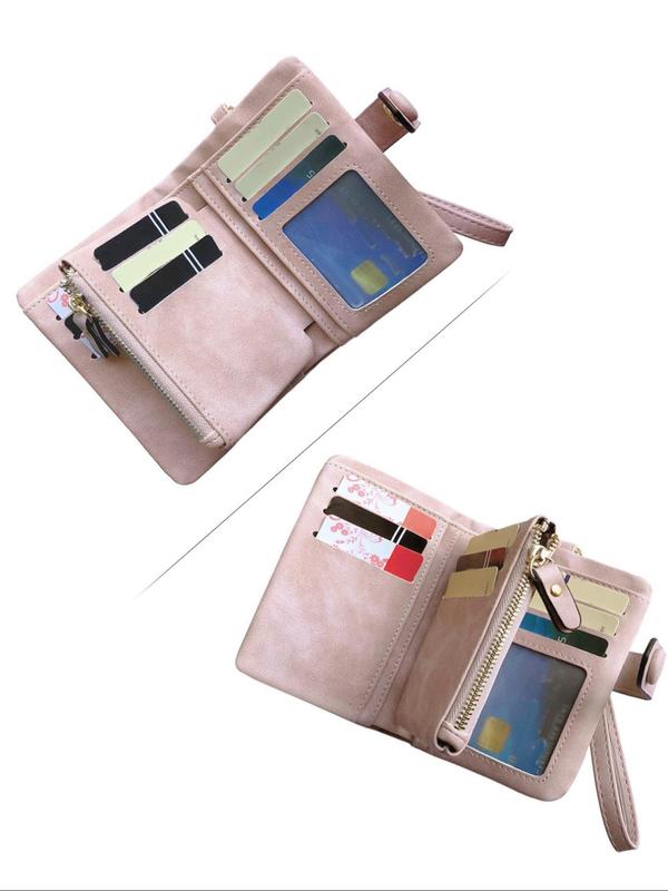 Women's Solid Pu Leather Short Wallet, Casual Portable Purse with Card Slots & Id Window & Zipper Coin Pocket