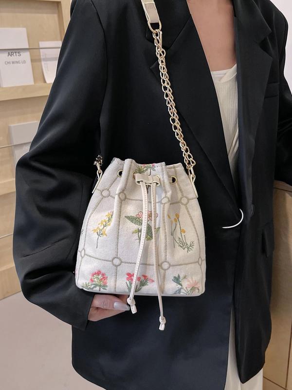 Floral Embroidered Crossbody Bag, Vintage Mini Drawstring Flower Pattern Affordable Luxury Bag, Casual Trendy Versatile High-quality Daily Commuting Bag