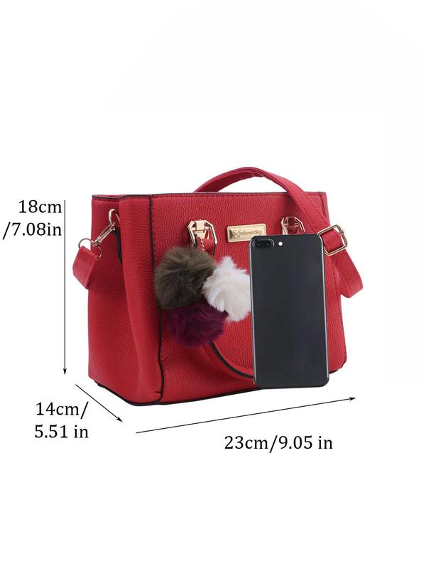 Women's Elegant Solid Color Handbag,  Fashionable Versatile Handbag with Pom Pom Charm, Simple All-match Crossbody Bag for Daily Life & Work