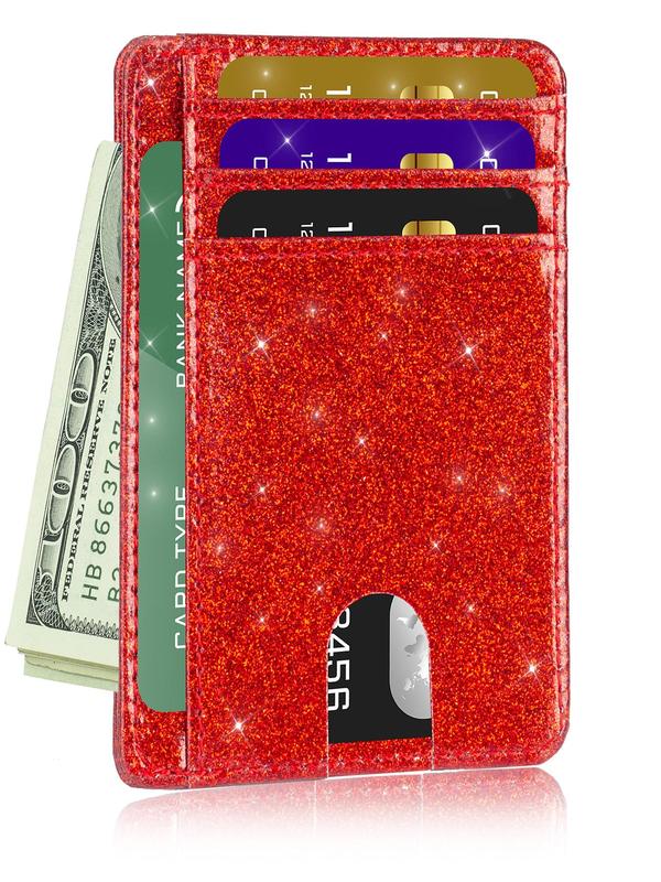 2024 Summer Glitter Rfid Blocking Card Holder,  Purses for Women,  Women's Plain Front Pocket Wallet, Super Slim Minimalist Wallet, Gift for Teen Girl, Girlfriend for Back To School