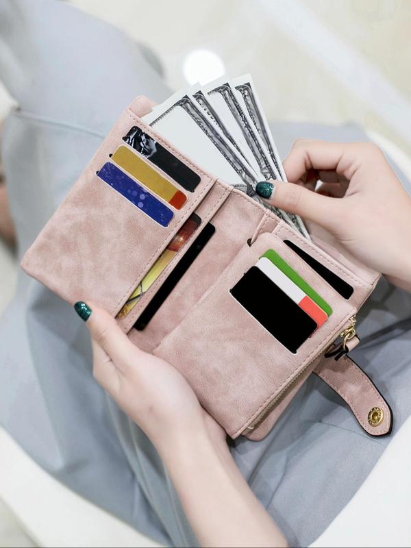 Women's Solid Pu Leather Short Wallet, Casual Portable Purse with Card Slots & Id Window & Zipper Coin Pocket