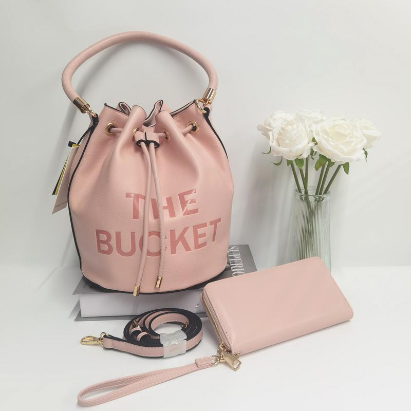 E68-New women's large-capacity handbag solid color letter print crossbody bag drawstring pleated bucket bag