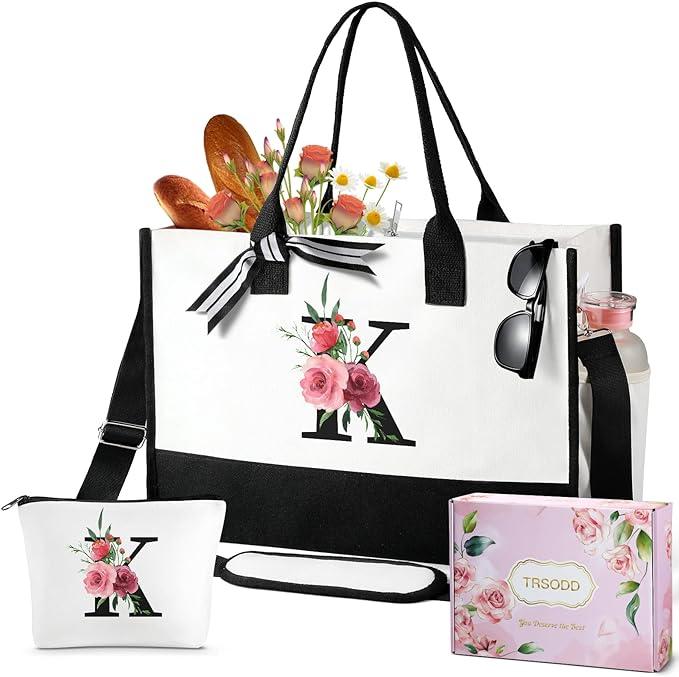 2 piece Floral Initial Tote Bag with Makeup Bag, Fashion Canvas Tote Bag for Women with Shoulder Strap, Personalized Gifts ,high-quality daily commuting bag ,girl fashionable shopping bag for spring