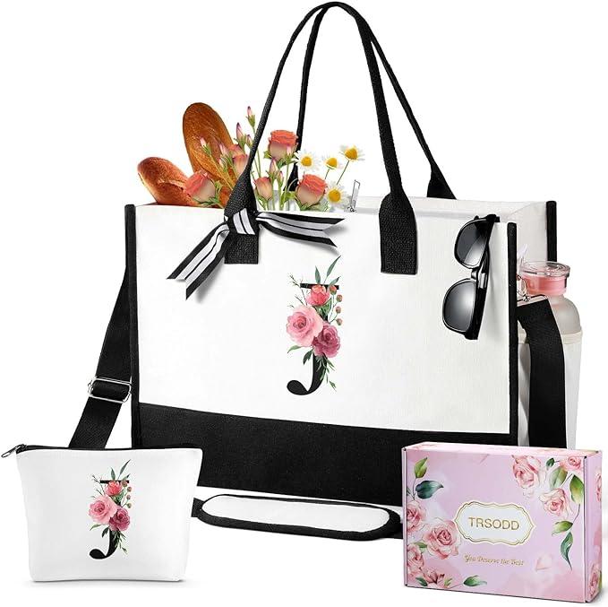 2 piece Floral Initial Tote Bag with Makeup Bag, Fashion Canvas Tote Bag for Women with Shoulder Strap, Personalized Gifts ,high-quality daily commuting bag ,girl fashionable shopping bag for spring