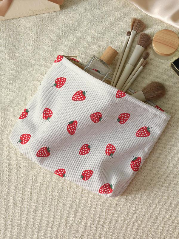 Strawberry Pattern Makeup Bag, Lightweight Multi-functional Travel Cosmetic Bag, Zipper Makeup Organizer Pouch, Versatile Storage Bag