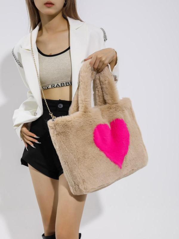 Women's Fashionable Heart Shaped Faux Fur Handbag, Casual Versatile Shoulder Bag with Chain Strap, Trendy All-match Crossbody Bag for Daily Use