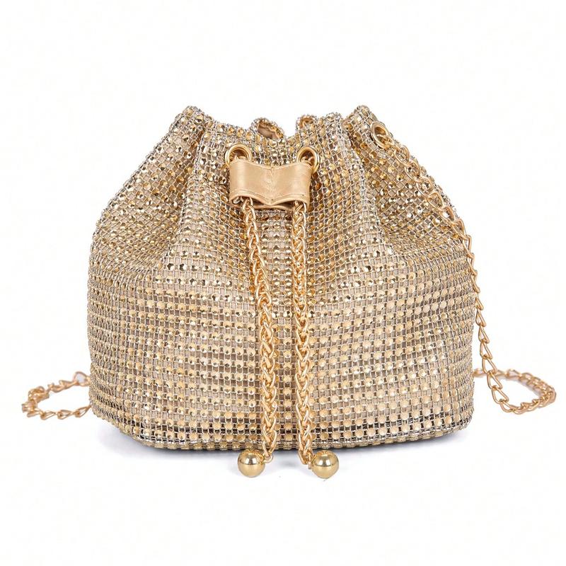 Lightweight,Business Casual Rhinestone Decor Bucket Bag Mini Drawstring Design, Clear Bag Trendy Pearl Bag Evening Bag,Dinner Bag Glamorous,Elegant,Exquisite,Quiet Luxury Rhinestone For Party Girl,Woman,Bride Perfect For Party,Dinner Banquet