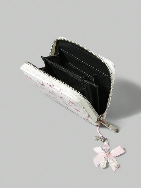 ROMWE Kawaii Women's Short Wallet - Dot & Bow Design - Zipper Coin Purse with Bow Accent