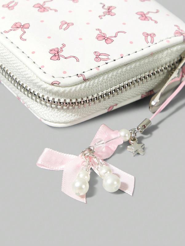 ROMWE Kawaii Women's Short Wallet - Dot & Bow Design - Zipper Coin Purse with Bow Accent