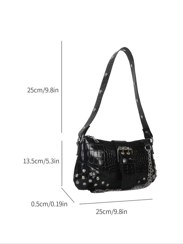 Fashion Crocodile Pattern Pu Shoulder Bag, Solid Color Chain Decorated Shoulder Bag, Women's Studded Decor Crossbody Bag, High-quality Daily Commuting Bag