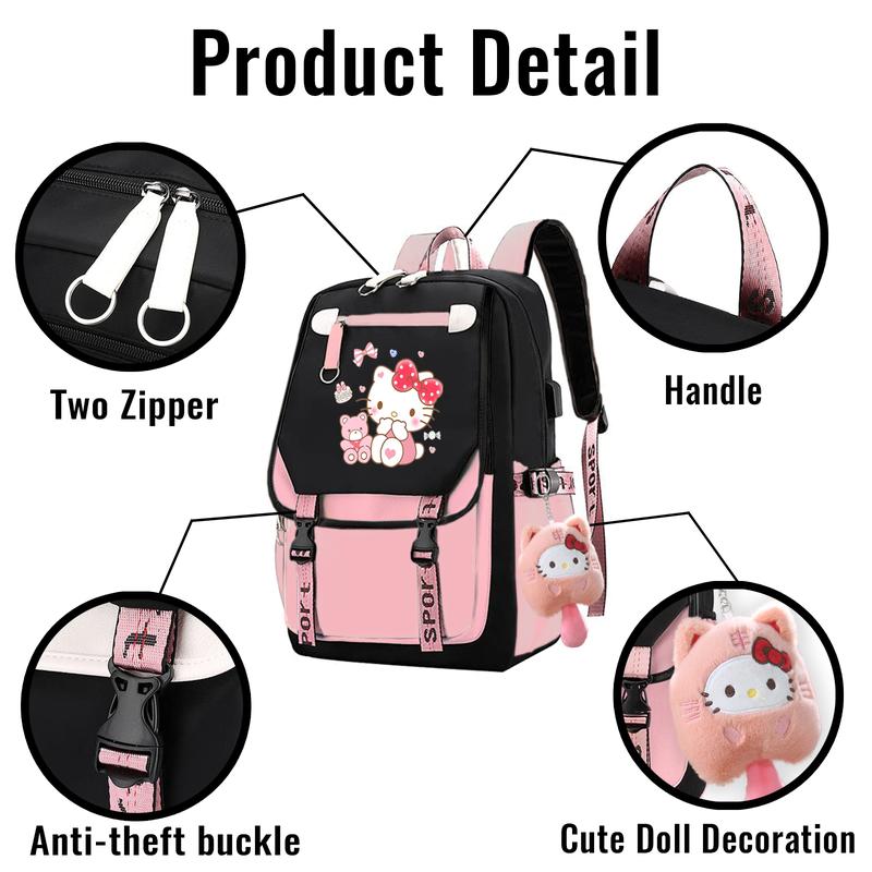 Kawaii Hello Kitty Backpack With cute Plush Pendant, Aesthetic Backpack Cute Kawaii Backpack for Girl School