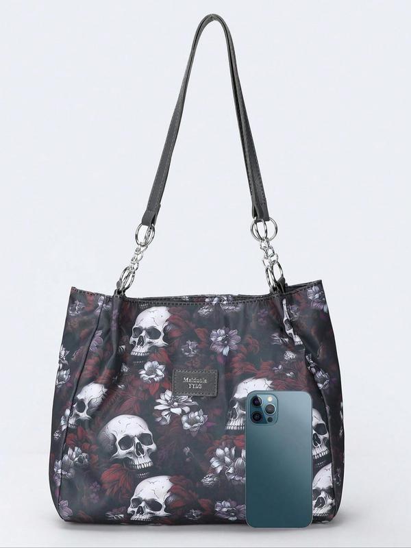 Fashion Skull & Flower Pattern Zipper Shoulder Bag, Casual Large Capacity Tote Bag for Women, Trendy All-match Bag for Daily Use,  Work Bags